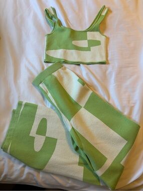 Princess Polly Green & Cream Knit Crop Top & Pant Set